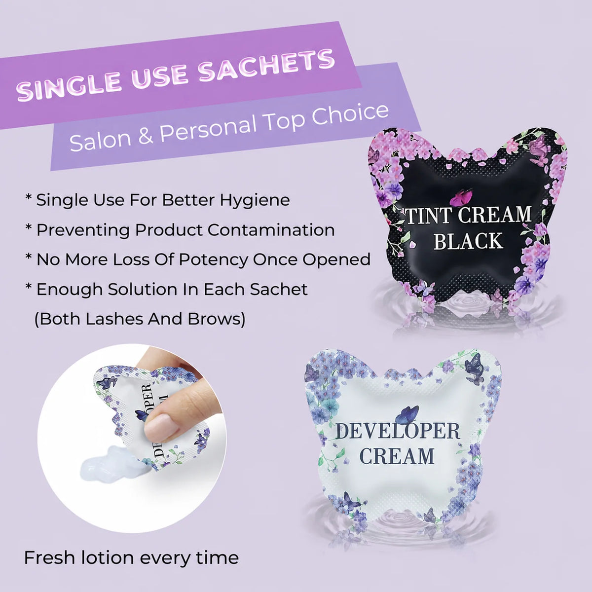 PERMANIA black tint and developer cream sachets with single-use benefits for hygiene, freshness and reduced product contamination.