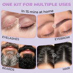 Before-and-after examples showing PERMANIA black tint used on eyelashes, eyebrows, beards and small hairline areas.