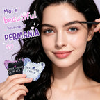 Model holding the PERMANIA black tint and developer cream sachets while brushing her eyebrow.