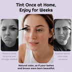 Model between mascara and eyebrow pencil examples, comparing temporary makeup with natural-looking lash and brow tint.