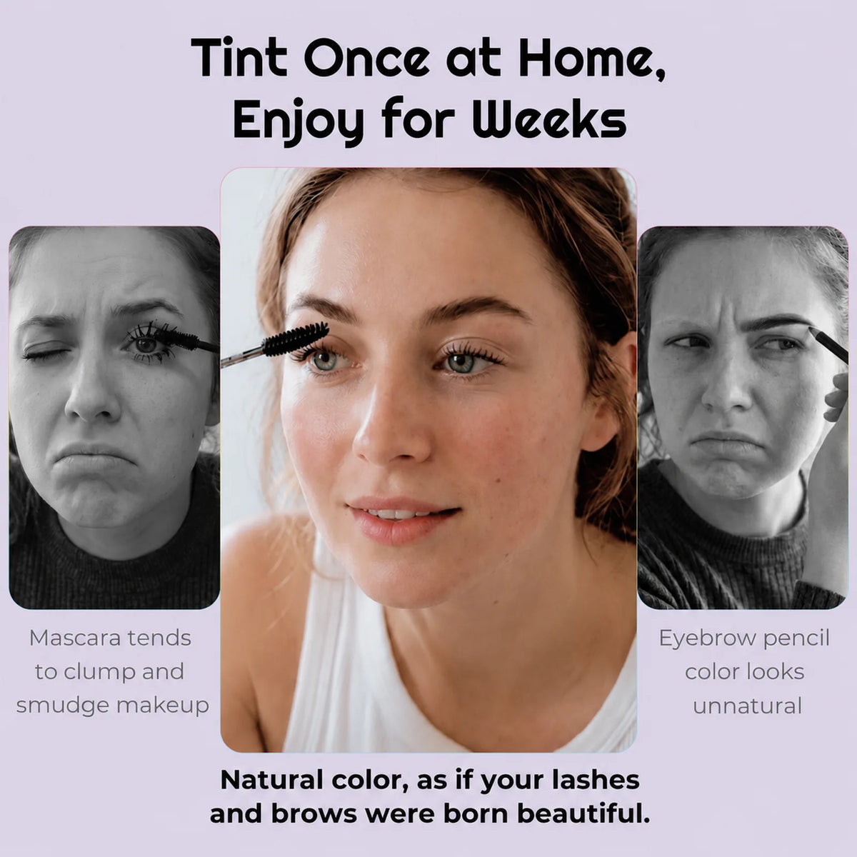 Model between mascara and eyebrow pencil examples, comparing temporary makeup with natural-looking lash and brow tint.