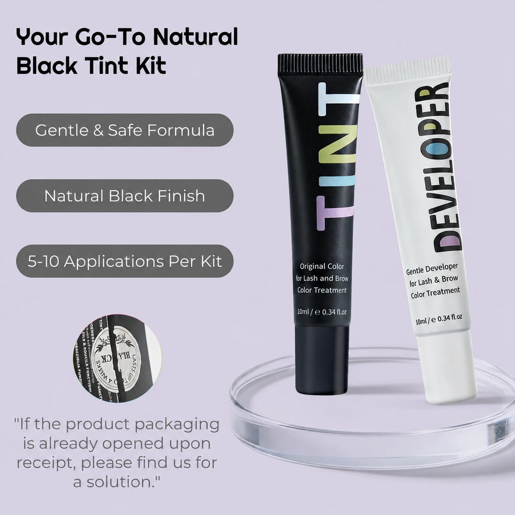PERMANIA natural black tint and developer tubes shown with gentle formula, natural black finish and application-count features.