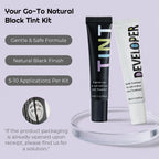 PERMANIA natural black tint and developer tubes shown with gentle formula, natural black finish and application-count features.