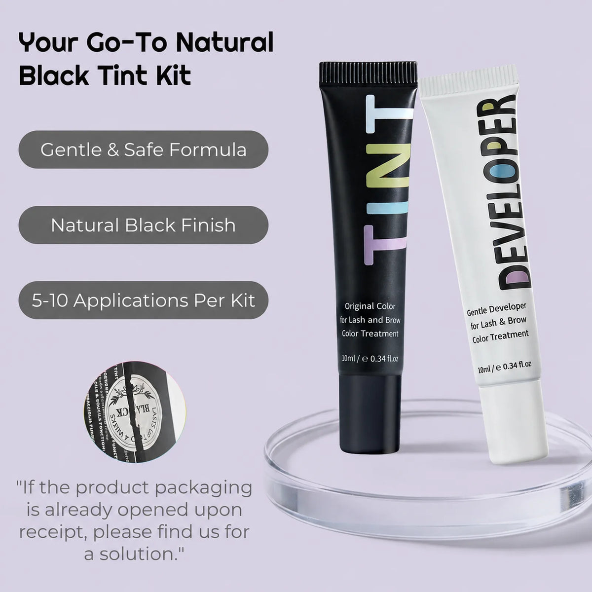 PERMANIA natural black tint and developer tubes shown with gentle formula, natural black finish and application-count features.