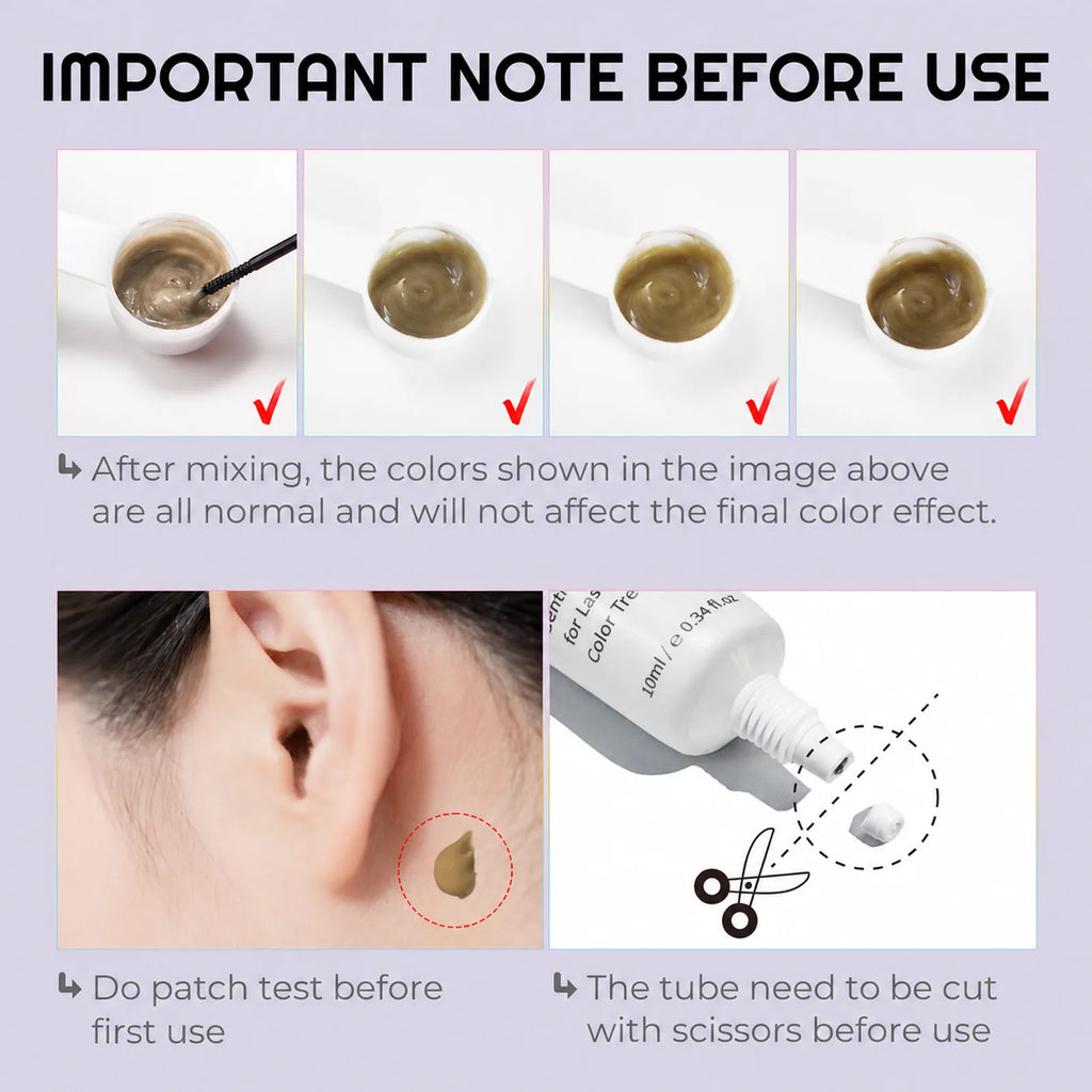 Preparation guide showing normal mixed-color stages, a skin patch test and how to cut open the tube tip before first use.