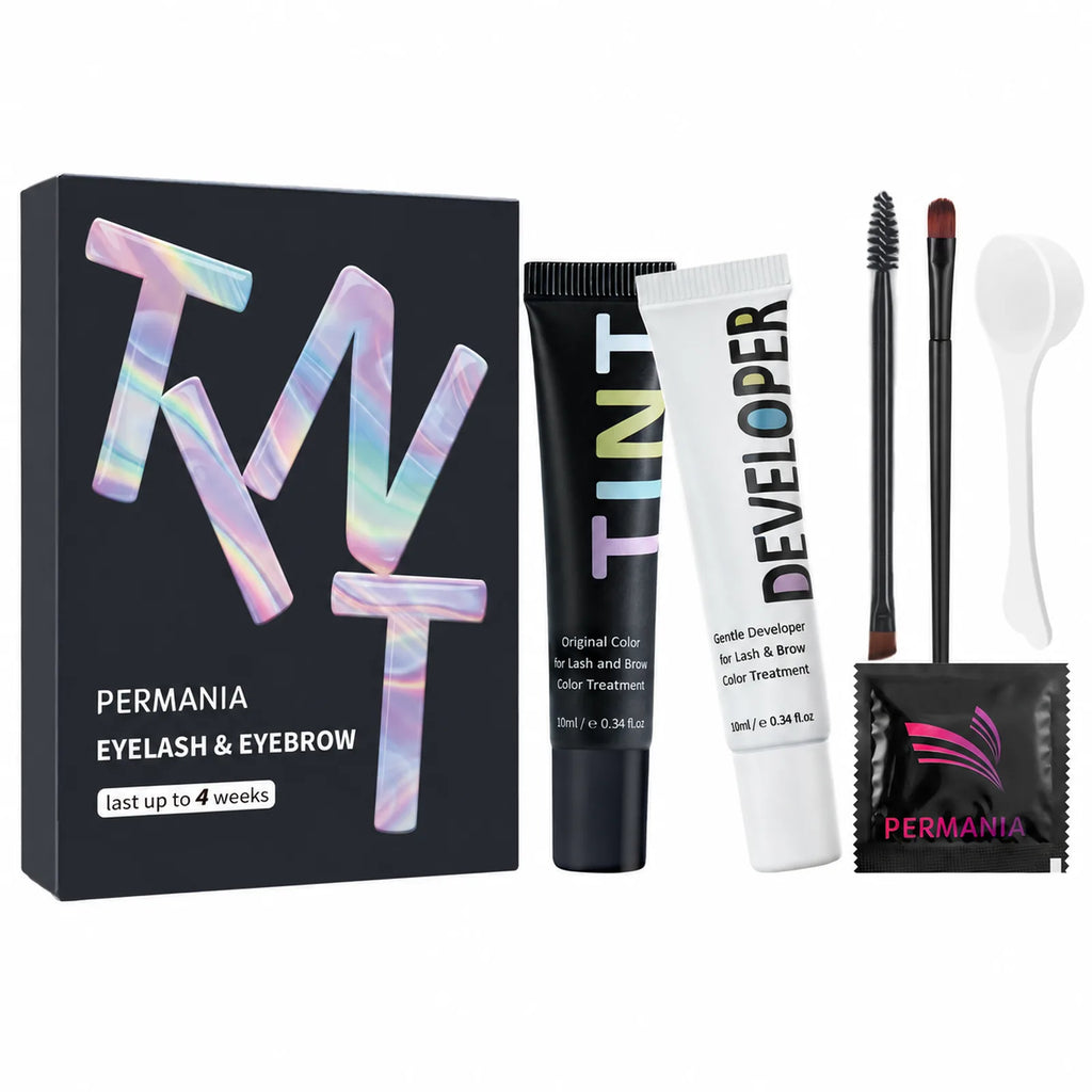 PERMANIA natural black lash and brow tint kit with product box, tint and developer tubes, brushes, mixing spoon and gloves on a white background.