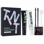 PERMANIA natural black lash and brow tint kit with product box, tint and developer tubes, brushes, mixing spoon and gloves on a white background.