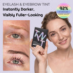 Before-and-after close-up of eyelashes appearing darker and fuller beside a model holding the PERMANIA tint kit.