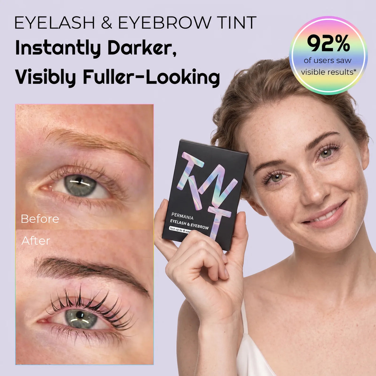 Before-and-after close-up of eyelashes appearing darker and fuller beside a model holding the PERMANIA tint kit.