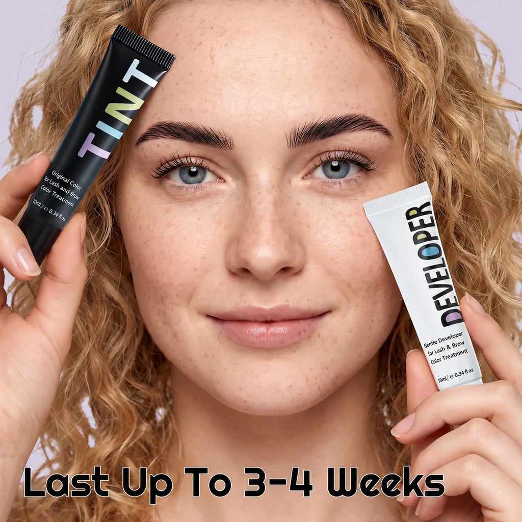Model holding the tint and developer tubes with a message that the lash and brow tint can last up to three to four weeks.