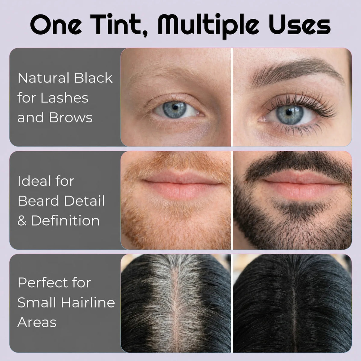 Before-and-after examples showing natural black tint used on lashes, brows, beard details and small hairline areas.