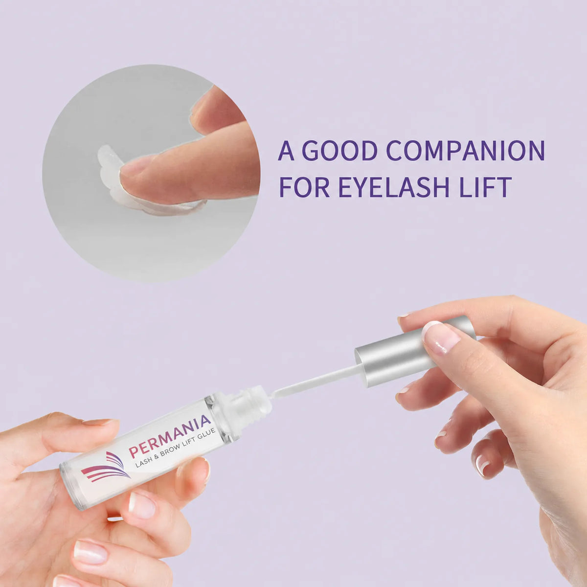 PERMANIA lash lift glue being opened and a small amount of clear adhesive spread on a silicone lash shield.