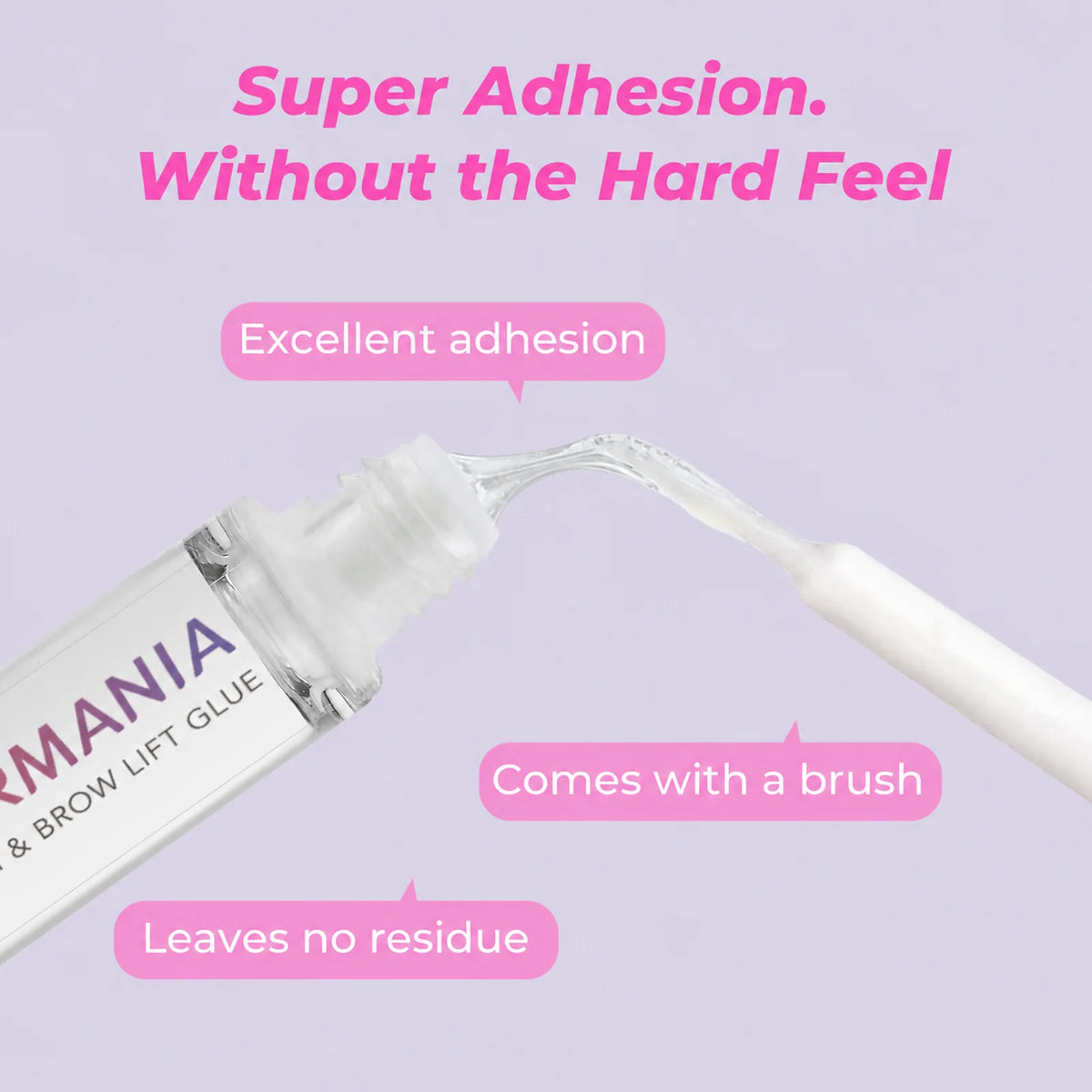 Close-up of clear PERMANIA lash lift adhesive on the applicator brush with notes about adhesion and residue.