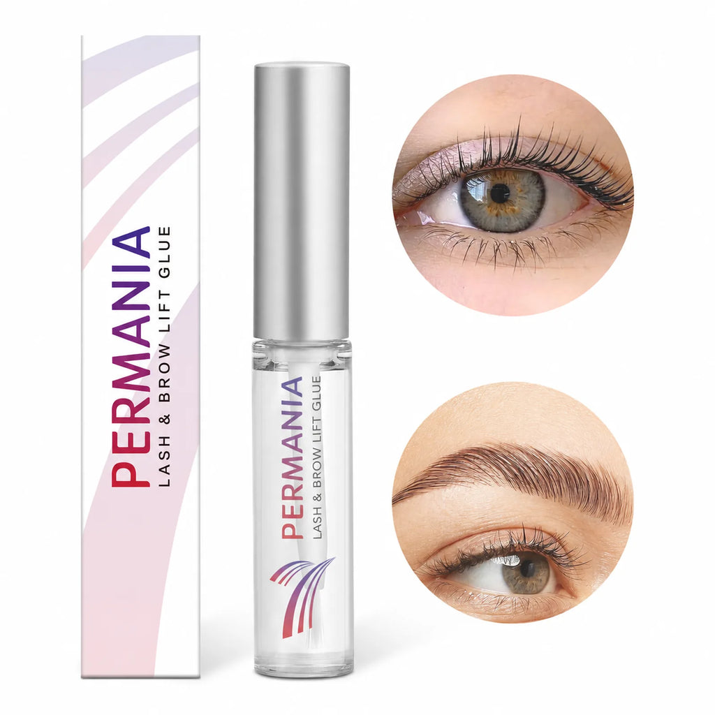 PERMANIA 7 ml lash and brow lift glue bottle with its product box and close-up examples of lifted lashes and laminated brows on a white background.