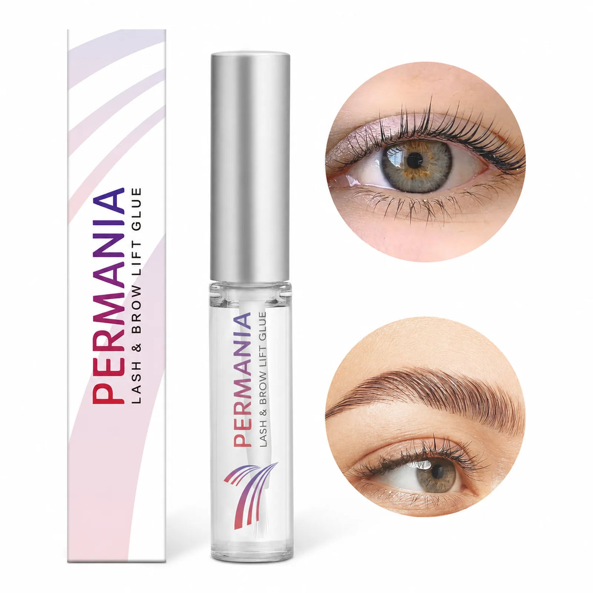 PERMANIA 7 ml lash and brow lift glue bottle with its product box and close-up examples of lifted lashes and laminated brows on a white background.