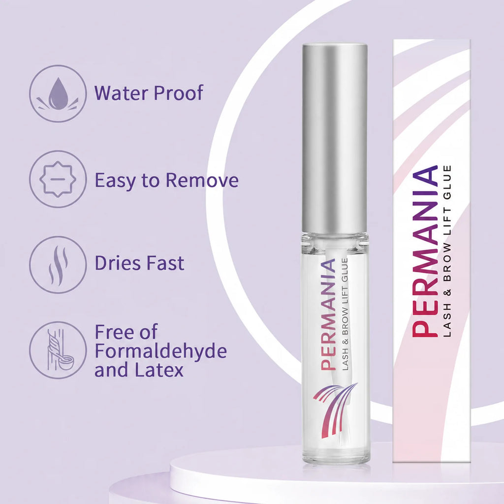 PERMANIA lash lift glue bottle and box beside product features for water resistance, easy removal and fast drying.