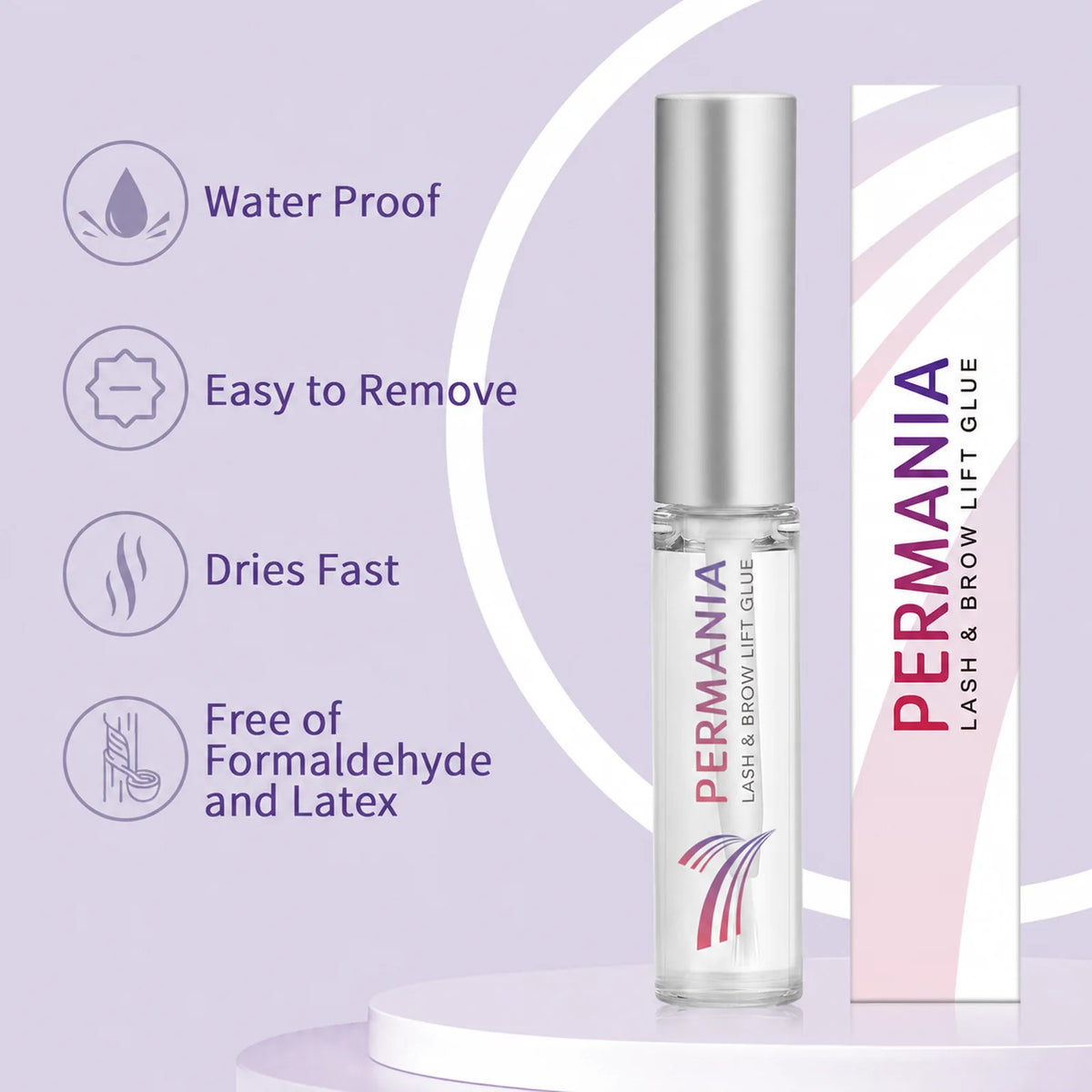 PERMANIA lash lift glue bottle and box beside product features for water resistance, easy removal and fast drying.