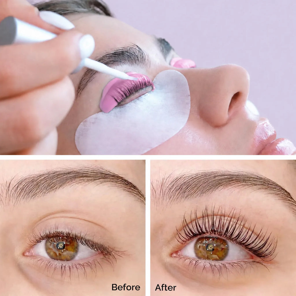 Lash lift application above before-and-after eye photos showing straighter lashes and lifted curled lashes.
