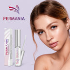 Model posed beside the PERMANIA lash and brow lift glue bottle, applicator brush and product box.