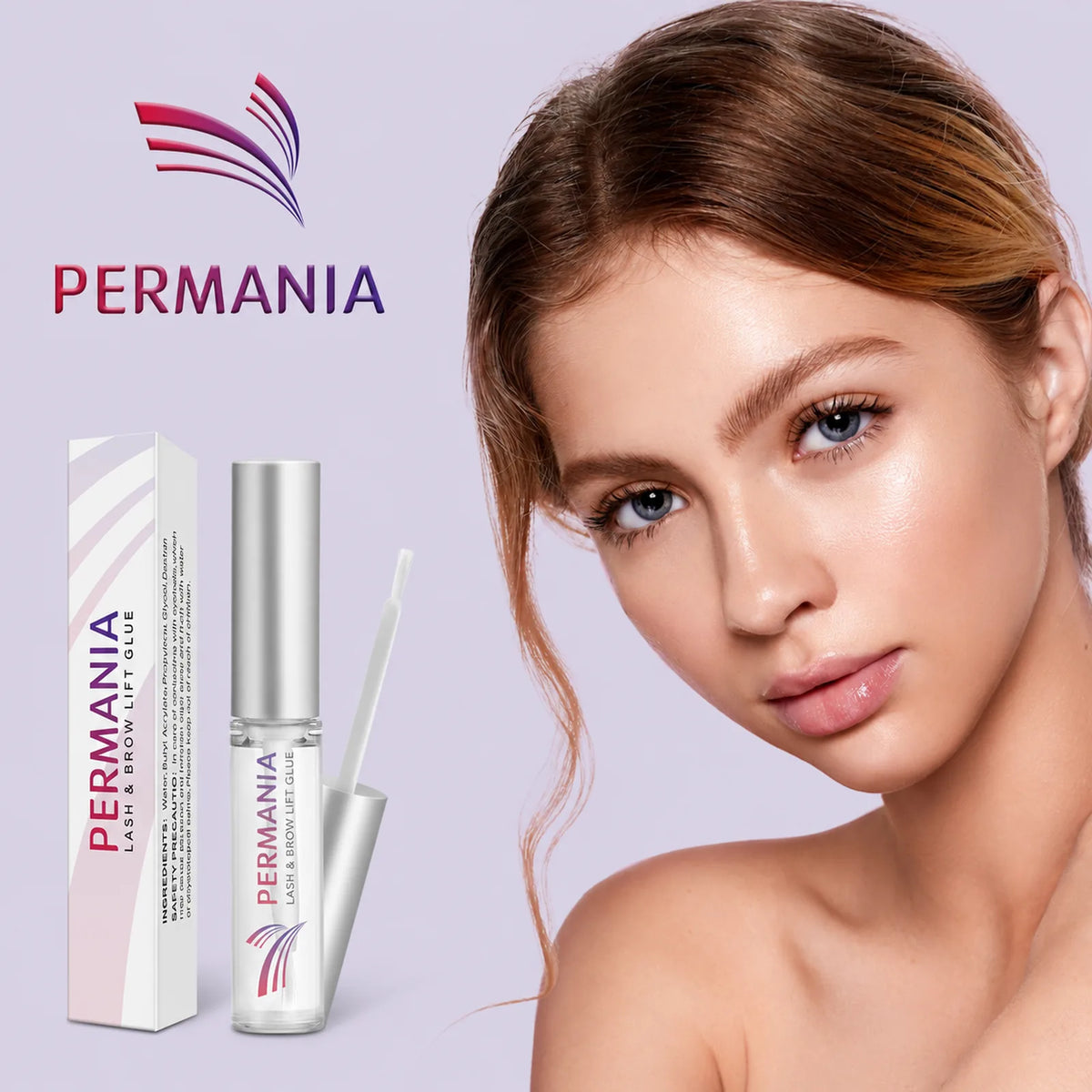 Model posed beside the PERMANIA lash and brow lift glue bottle, applicator brush and product box.