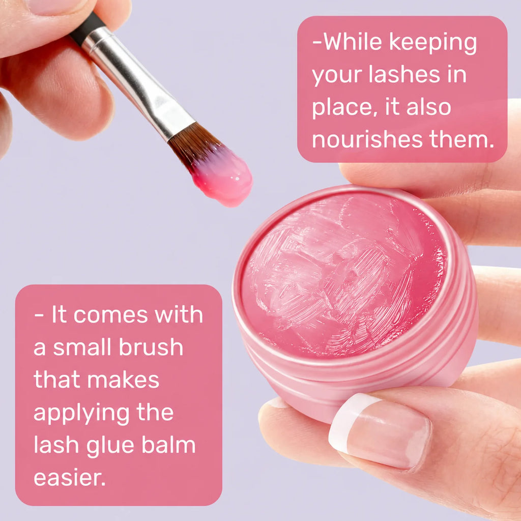 Close-up of a flat brush applying pink lash glue balm from an open jar held in hand.