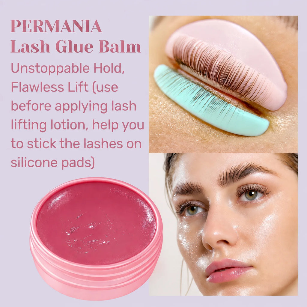 PERMANIA lash glue balm shown with close-ups of lashes fixed to silicone pads and a model after a lash lift.