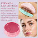 PERMANIA lash glue balm shown with close-ups of lashes fixed to silicone pads and a model after a lash lift.