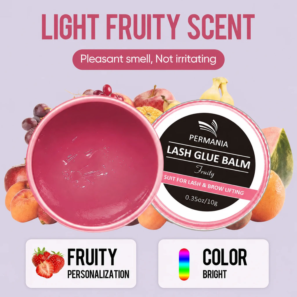 Open and closed PERMANIA fruity lash glue balm jars surrounded by assorted fruit graphics.