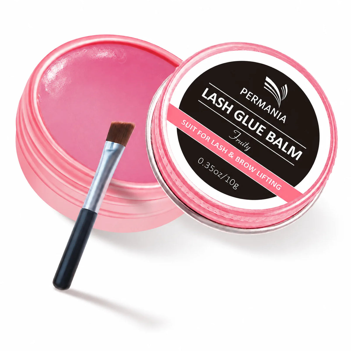 Open and closed pink PERMANIA lash glue balm jars with a flat applicator brush on a white background.