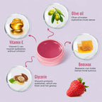 Ingredient graphic showing lash glue balm with vitamin E, olive oil, glycerin, beeswax and strawberry imagery.