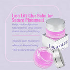 Open jar of pink lash lift glue balm beside the product box, with lash placement and repositioning features.