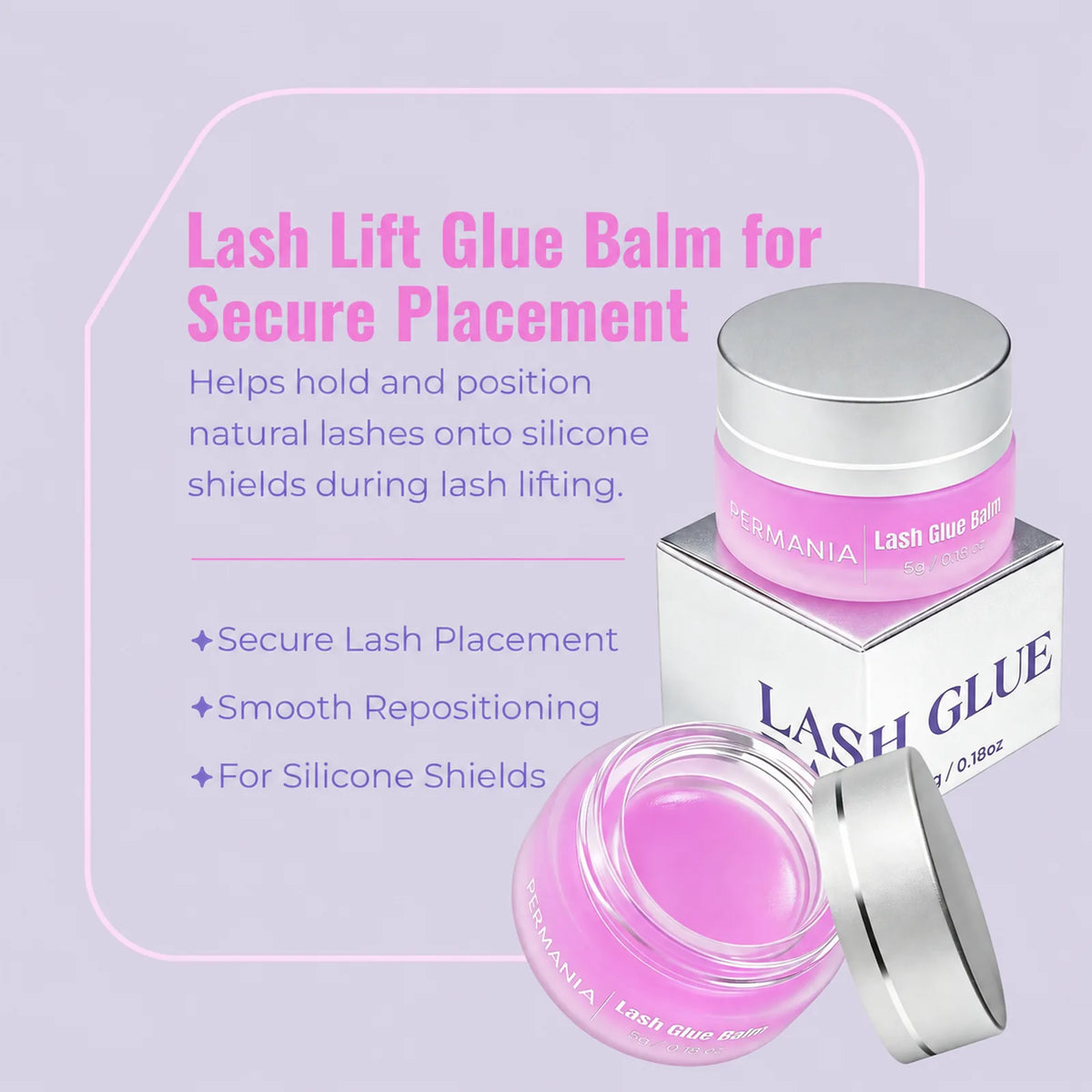 Open jar of pink lash lift glue balm beside the product box, with lash placement and repositioning features.