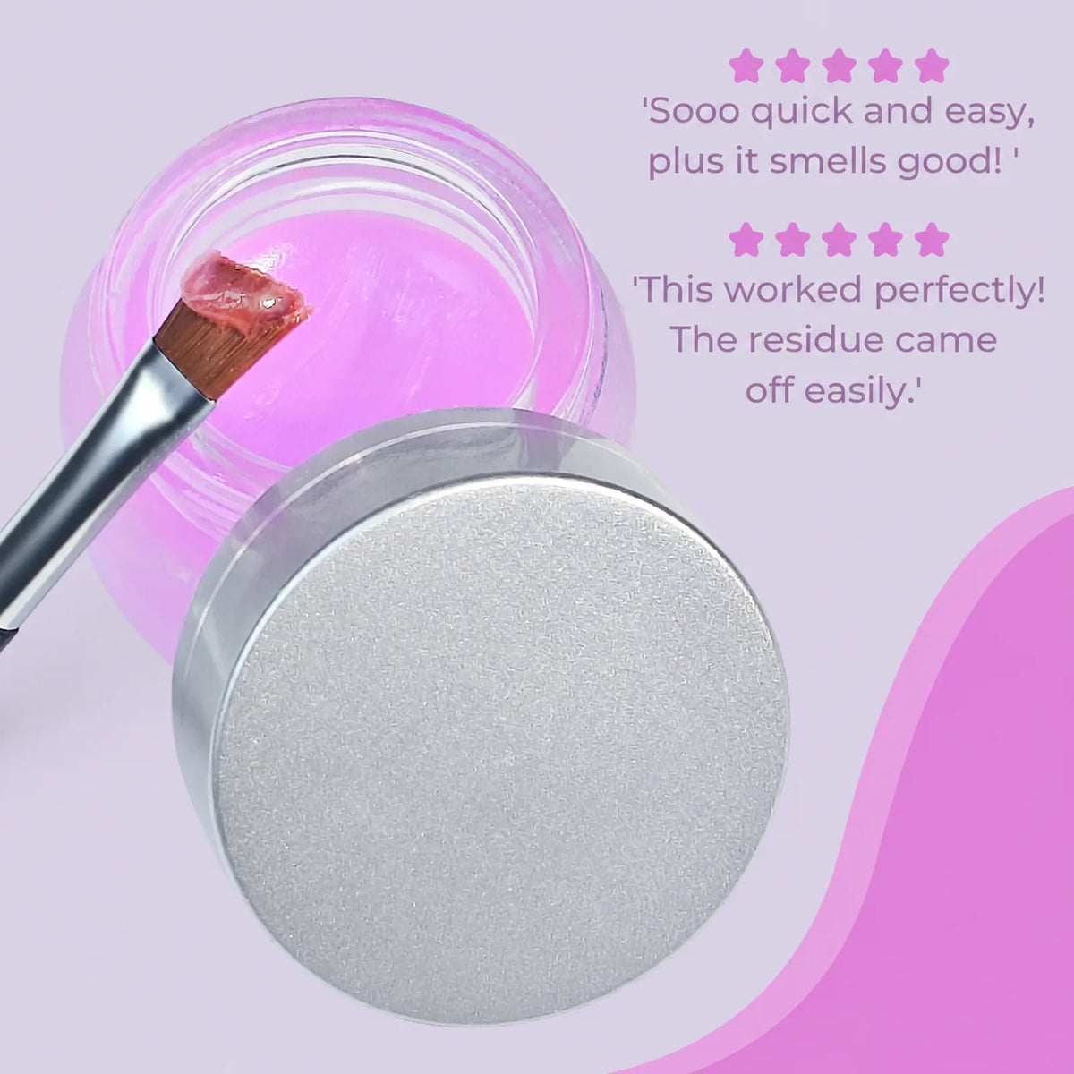 Close-up of pink lash lift glue balm in an open jar with an applicator brush and two customer review quotes.