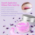 Open jar of pink lash lift glue balm with lavender accents and a close-up of balm holding lashes on a silicone shield.