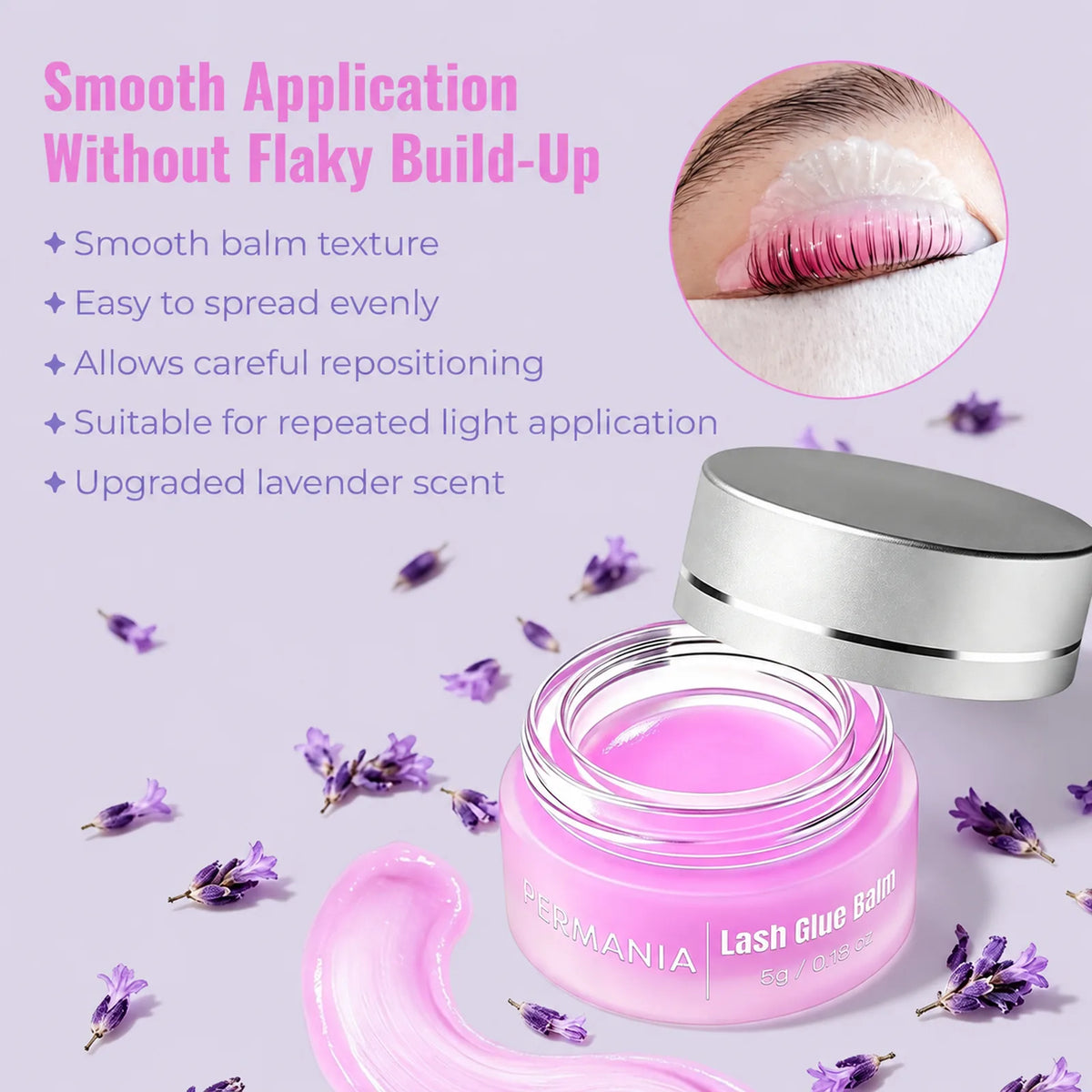 Open jar of pink lash lift glue balm with lavender accents and a close-up of balm holding lashes on a silicone shield.