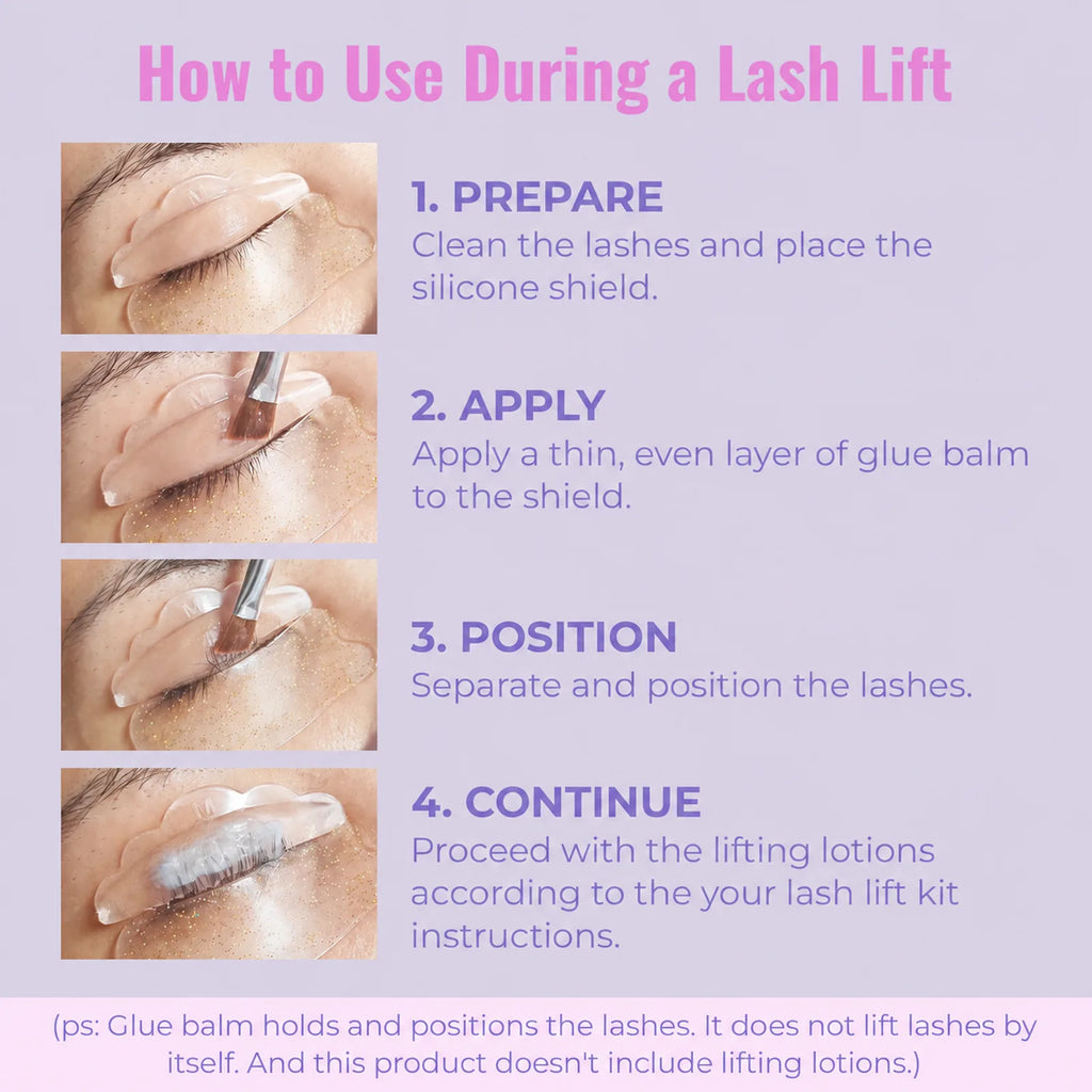 Four-step visual guide showing how to prepare lashes, apply glue balm, position lashes and continue a lash lift.