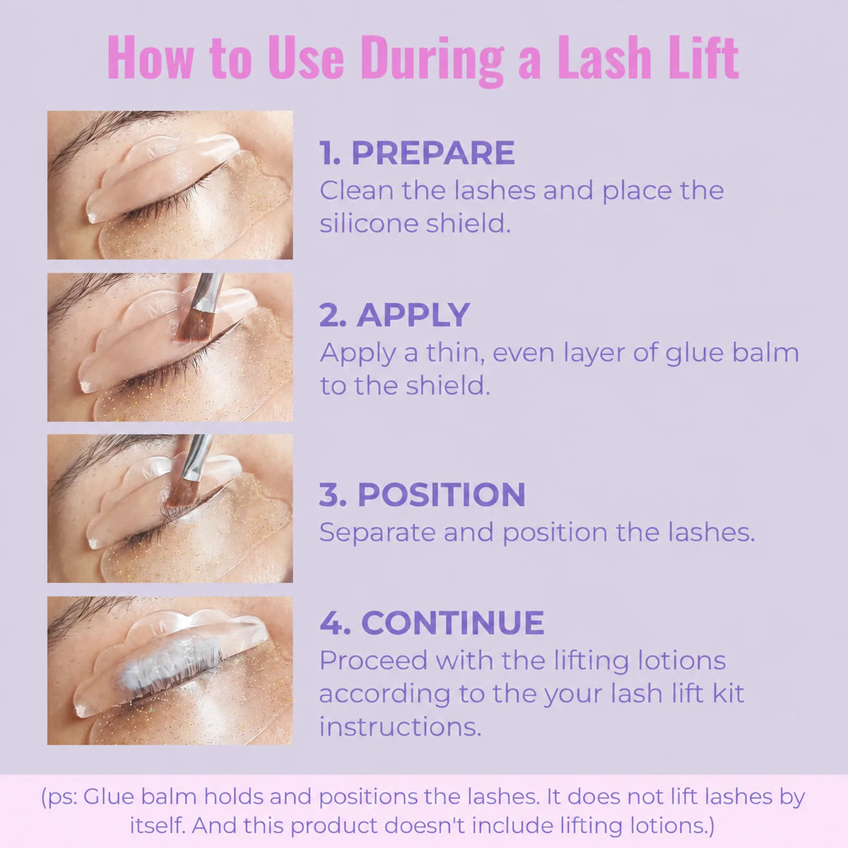 Four-step visual guide showing how to prepare lashes, apply glue balm, position lashes and continue a lash lift.