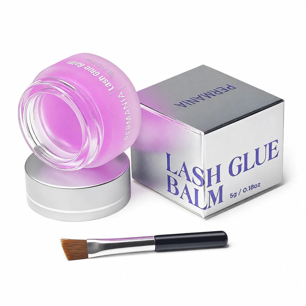 PERMANIA lash lift glue balm jar, product box and flat applicator brush arranged on a white background.