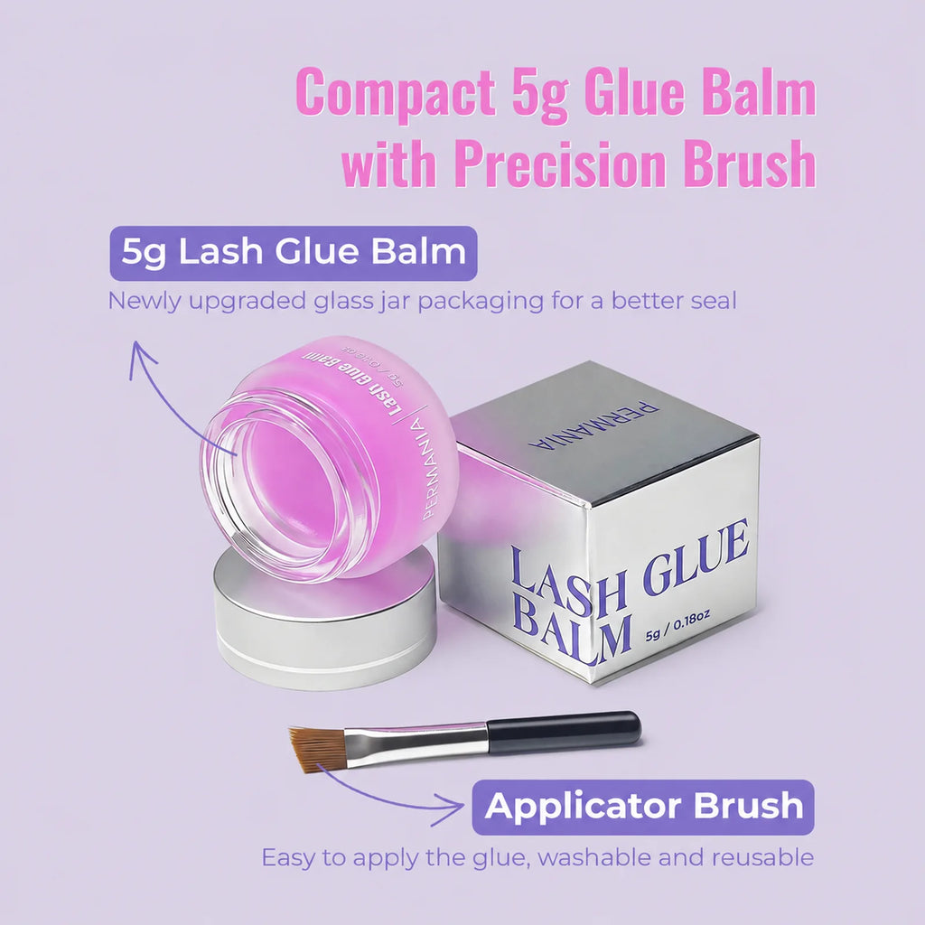 PERMANIA 5g lash lift glue balm shown with its product box, open jar and precision applicator brush.