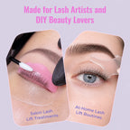 Two close-up examples showing lash lift glue balm used during a salon treatment and an at-home lash lift routine.