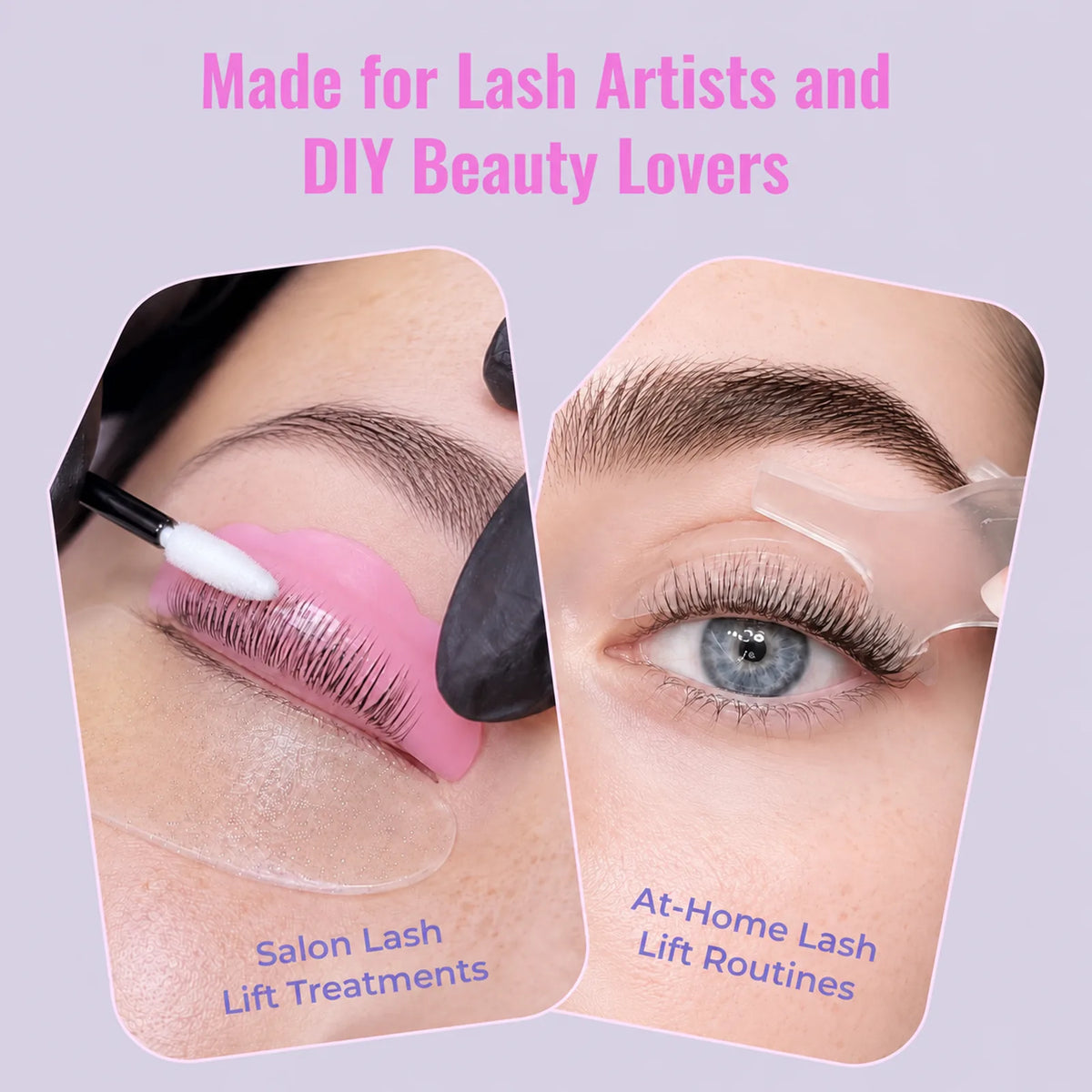 Two close-up examples showing lash lift glue balm used during a salon treatment and an at-home lash lift routine.