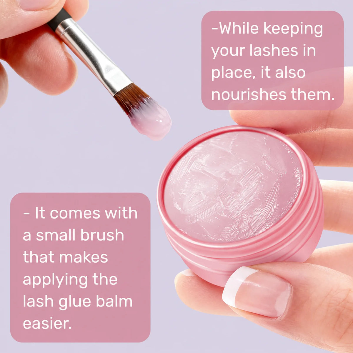 Close-up of a flat brush applying pink lash glue balm from an open jar held in hand.