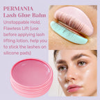 PERMANIA lash glue balm shown with close-ups of lashes fixed to silicone pads and a model after a lash lift.