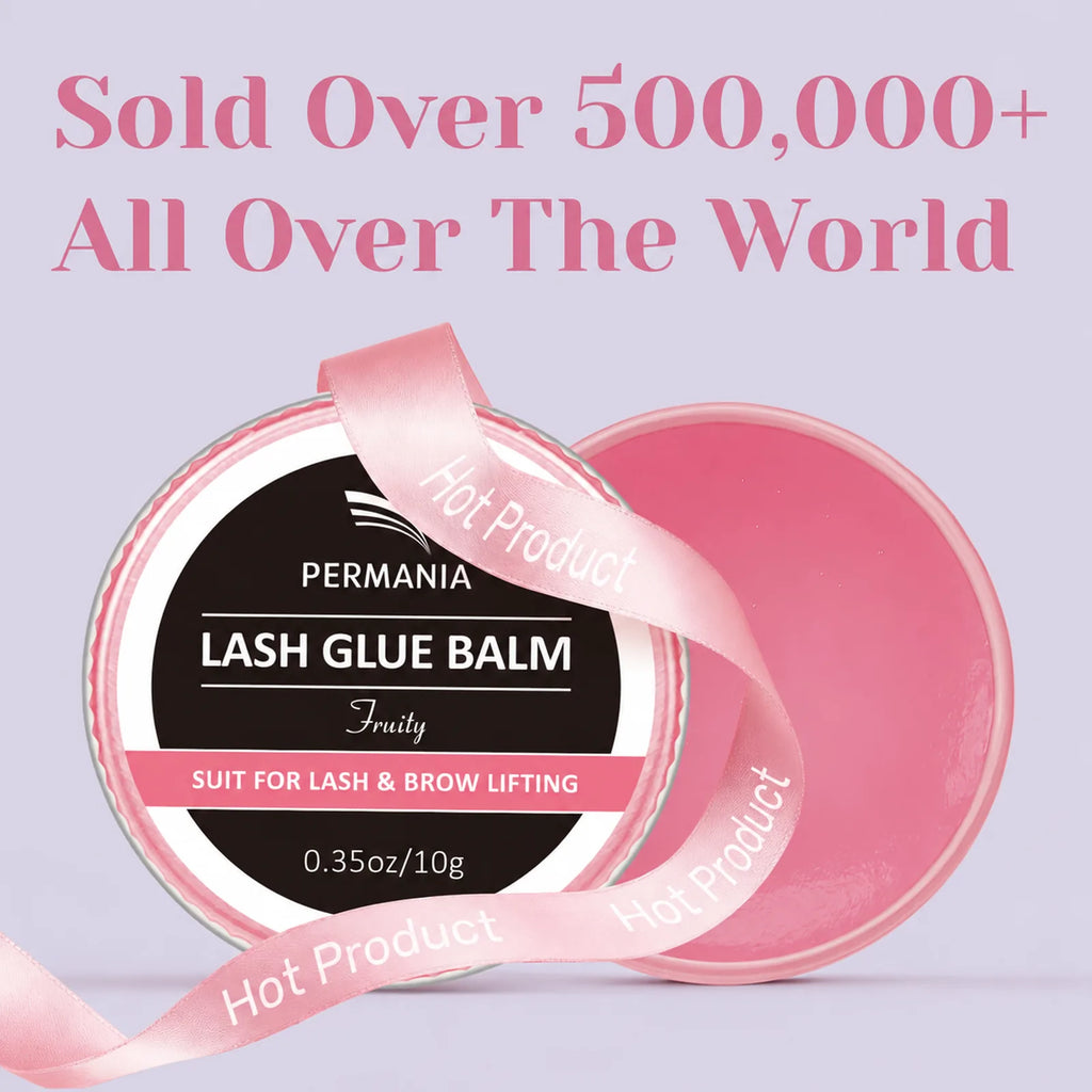 Pink PERMANIA lash glue balm jars with a ribbon graphic highlighting worldwide sales.