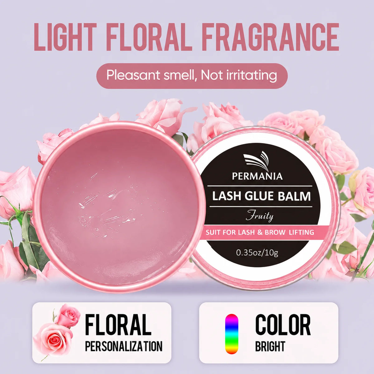 Open and closed PERMANIA lash glue balm jars surrounded by pink flowers with a light floral fragrance callout.