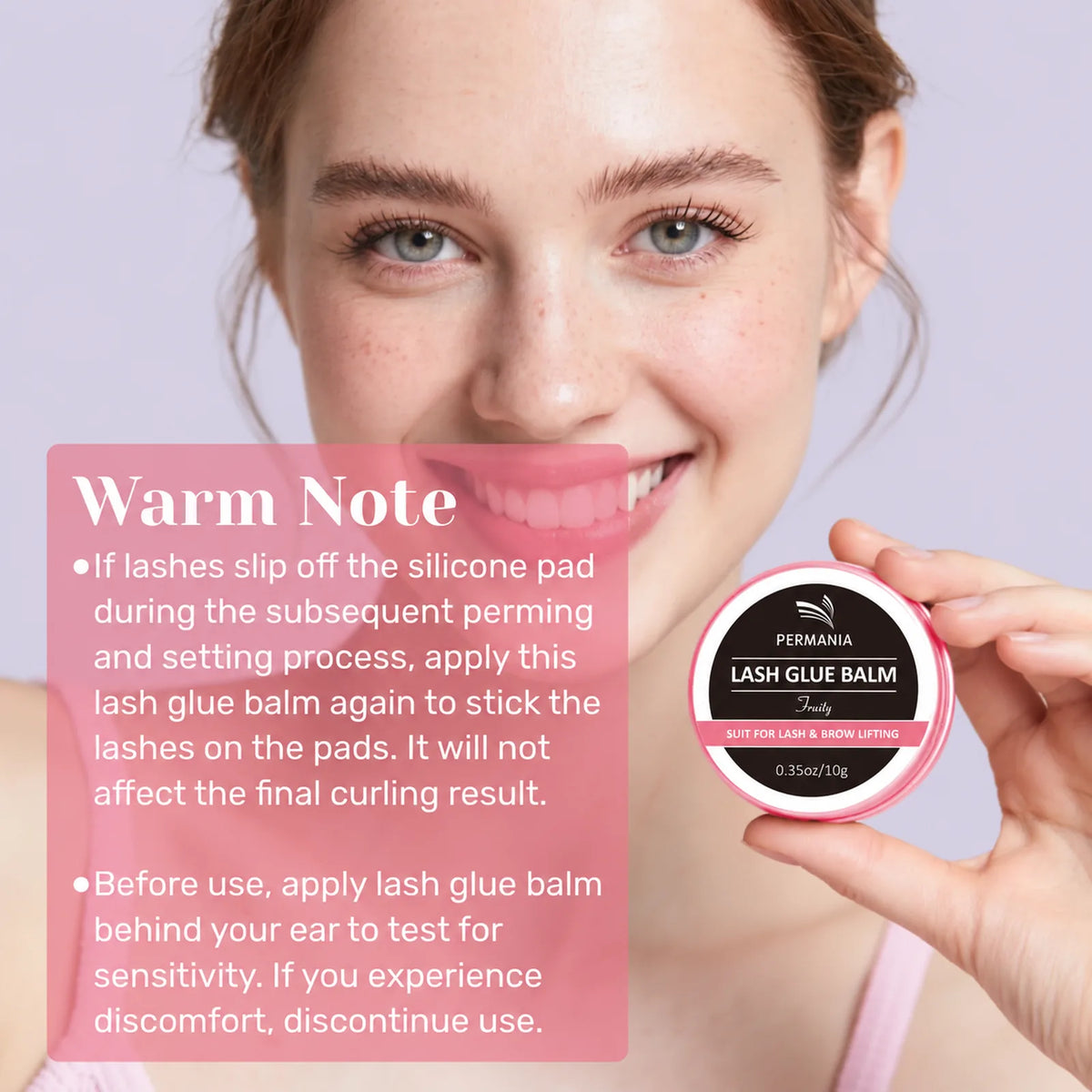 Model holding PERMANIA lash glue balm beside safety and application notes for lash lift use.