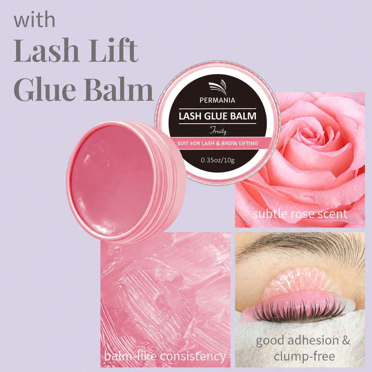PERMANIA rose-scented lash glue balm in an open pot, with pink balm texture and shield application.