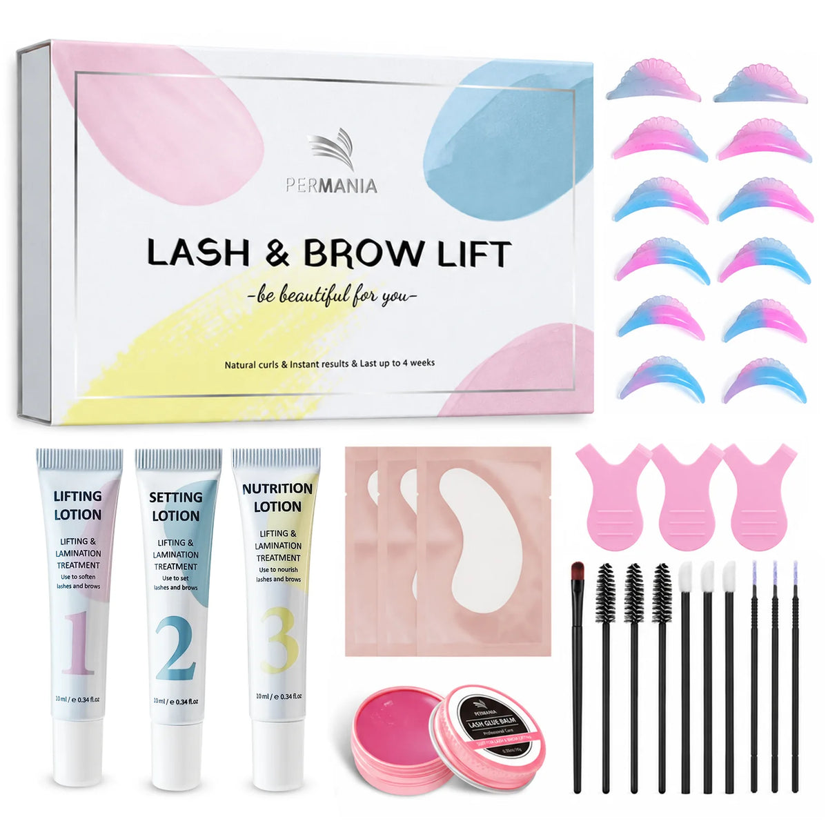 PERMANIA lash and brow lift kit with rose-scented glue balm, three lotions, shields and tools.