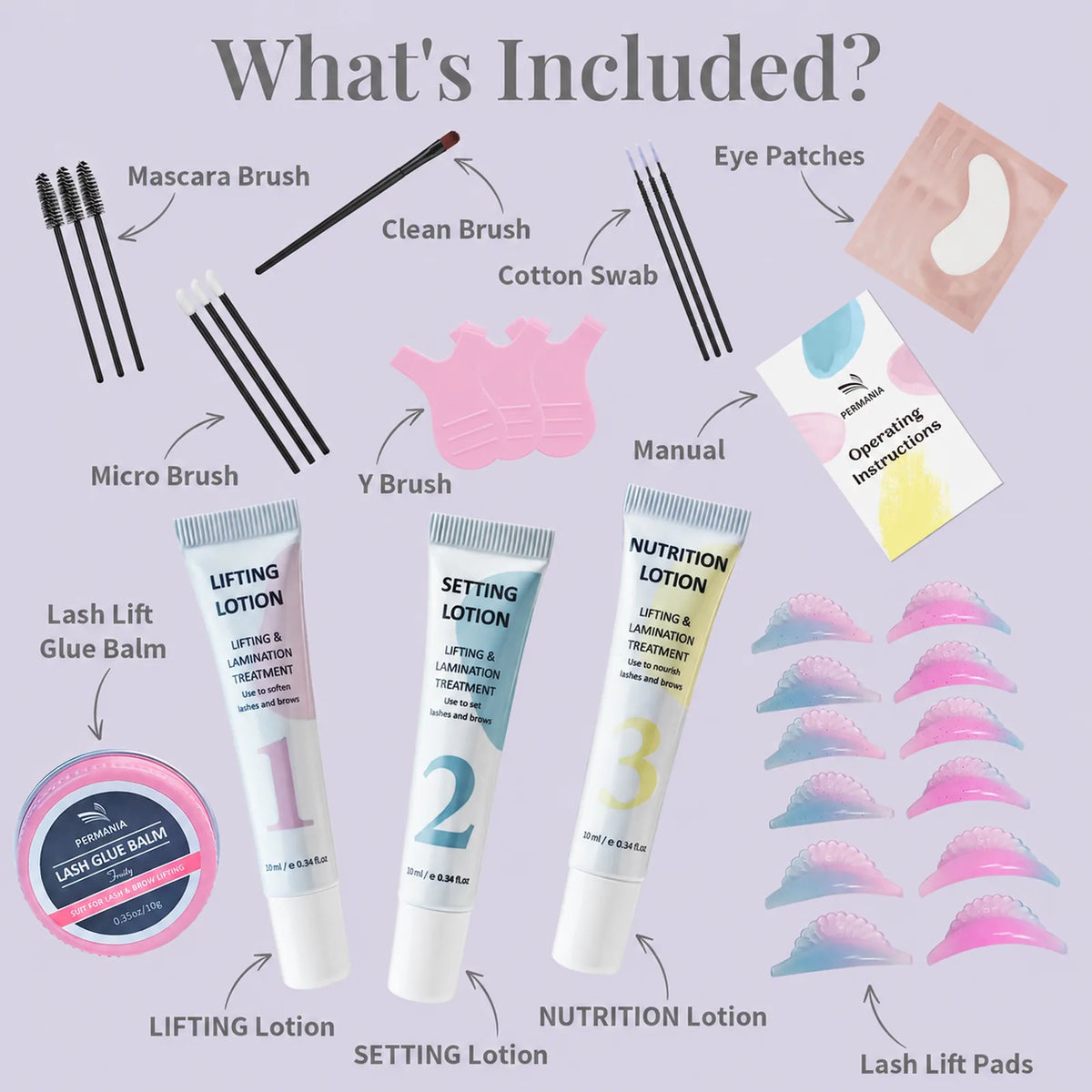 Labeled contents of the PERMANIA lash lift kit with glue balm, lotions, shields and accessories.