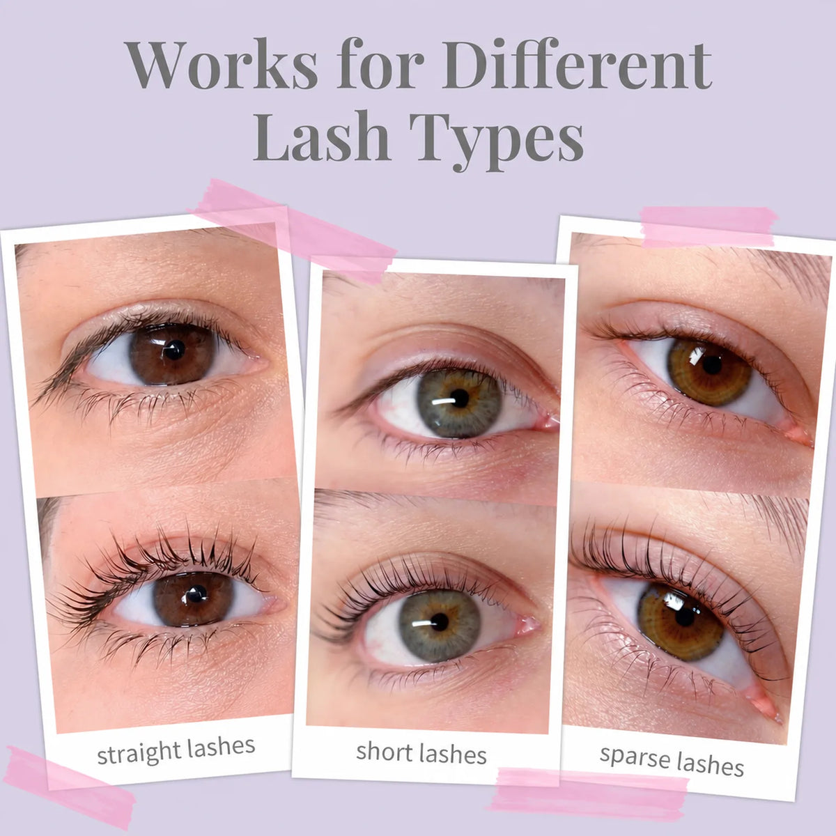 Before-and-after lash lift examples on straight, short and sparse natural lashes.